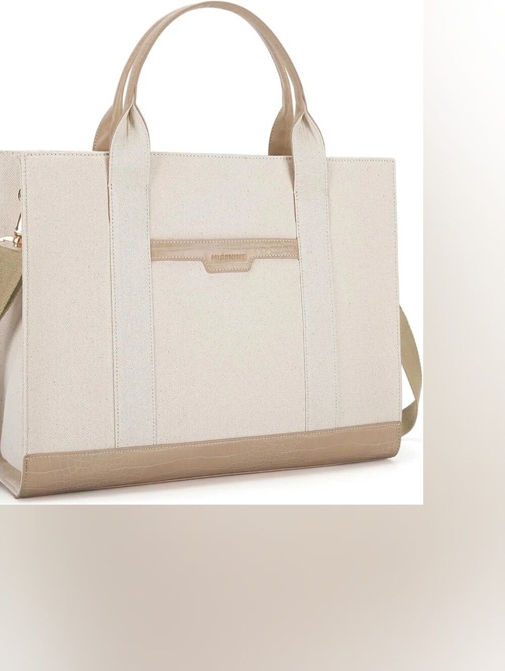 Missnine Cream Canvas Tote Bag with Tan Trim